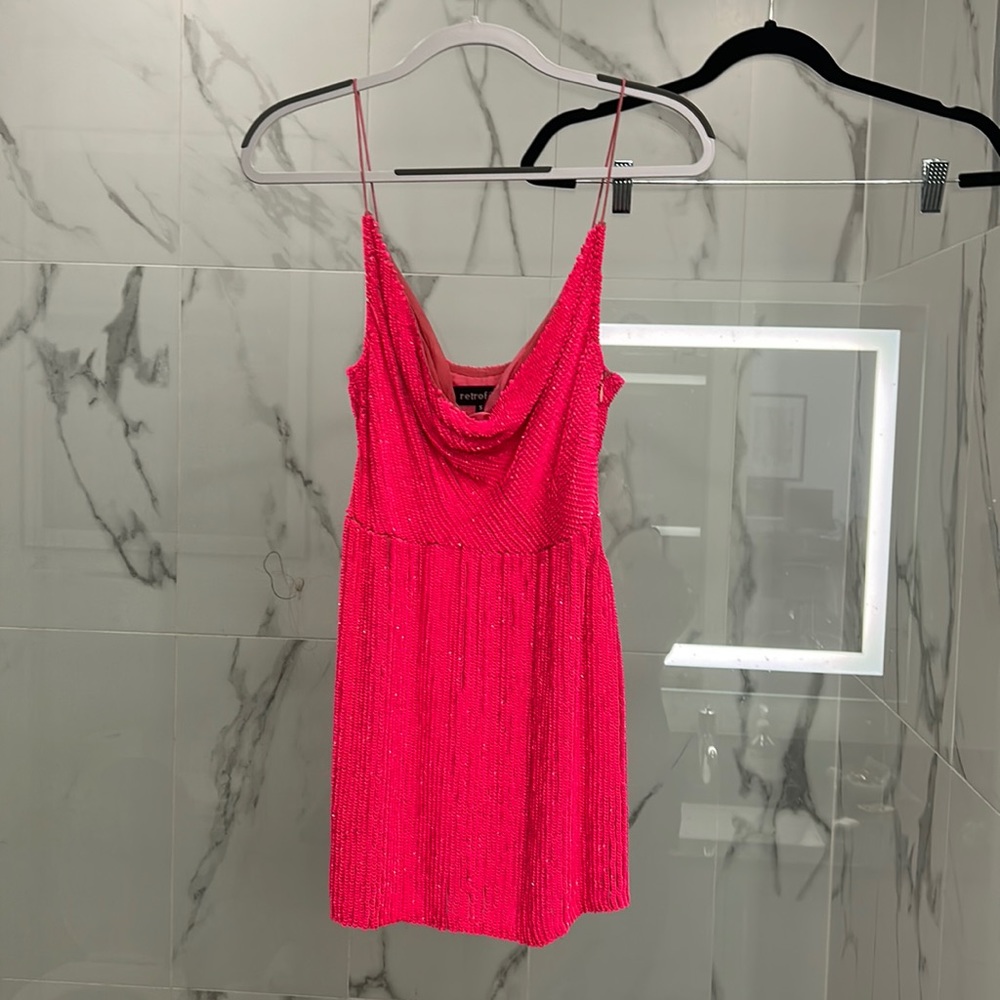Retrofete Jill Sequin Size Small Pink beaded cowl neck mini dress